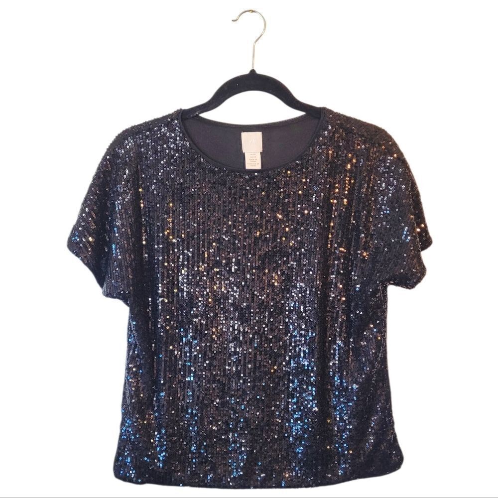 H&M Women's Black Sequin T-Shirt Size US XS